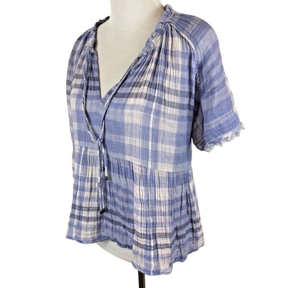 ✨Anthropologie Pilcro Casual Blouse Bette Plaid Babydoll Sz L Blouse Lavender ✨ - Picture 3 of 9